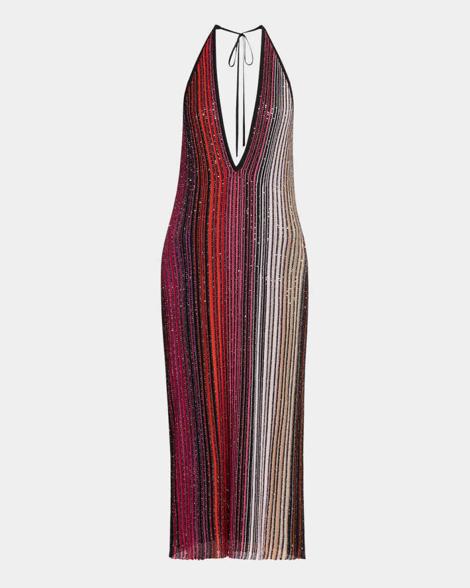 Paillette Striped Plunging Halter Midi Dress